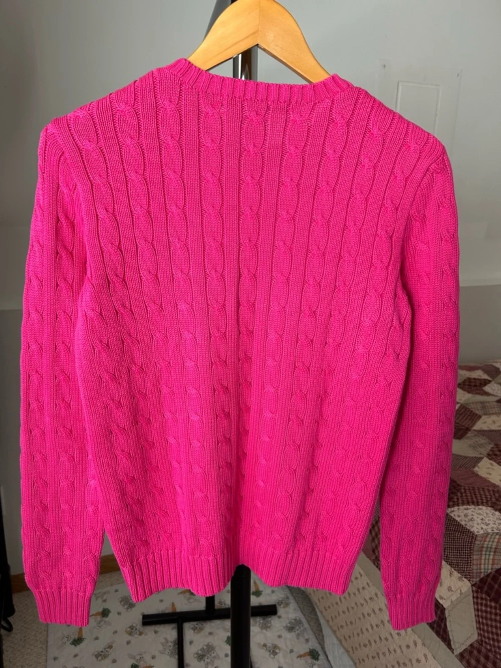 Vintage Ralph Lauren Cable Knit Crew Neck Fisherman Sweater Pink Cotton Large